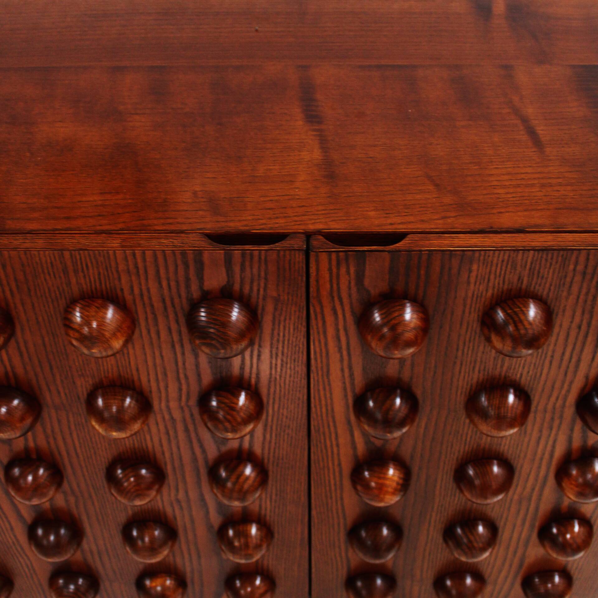 Italian Brutalist Hand-Carved Oak Wood Sideboard with Sculptural Studded Do
