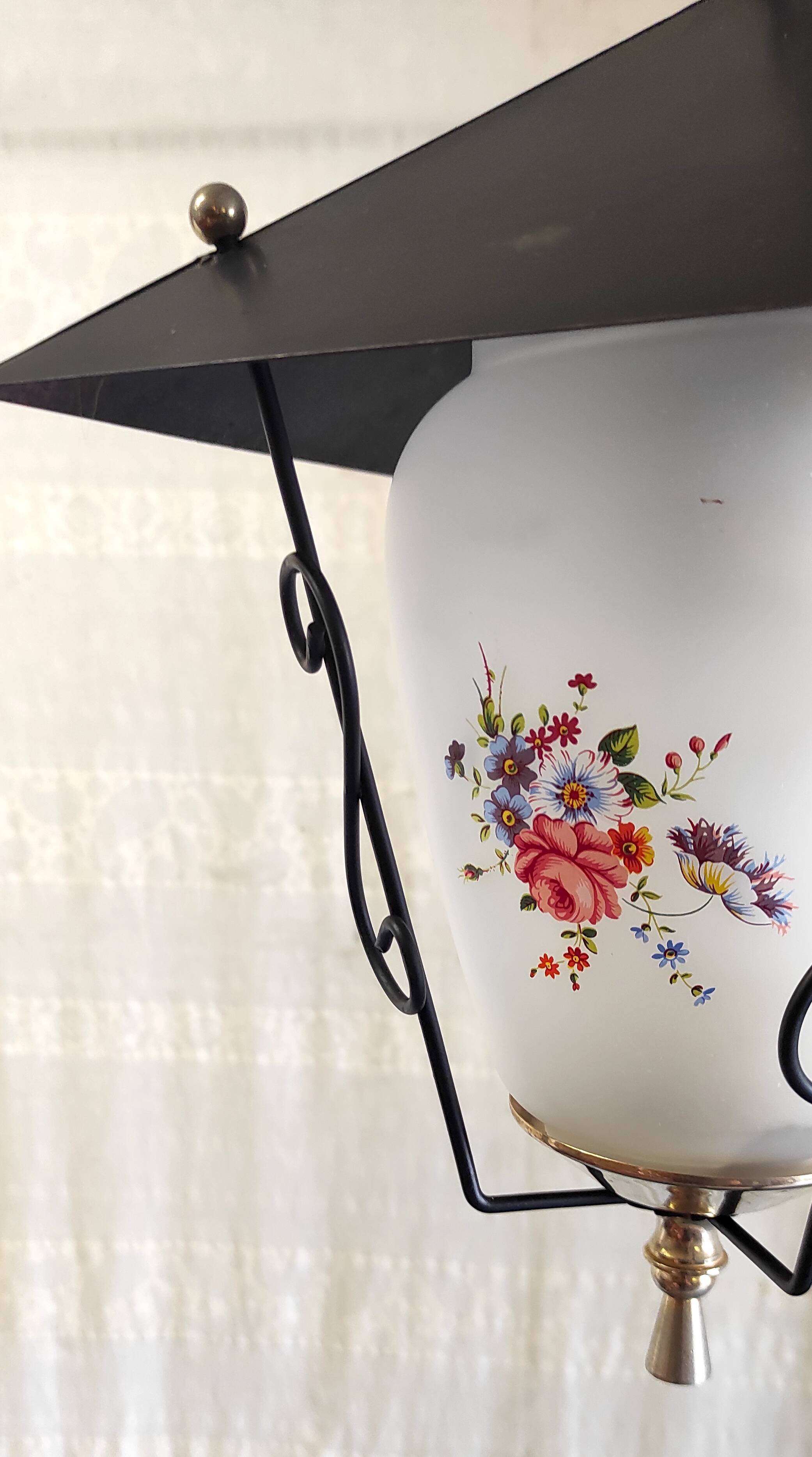 Lantern pendant light in metal, brass and glass - 50s/60s