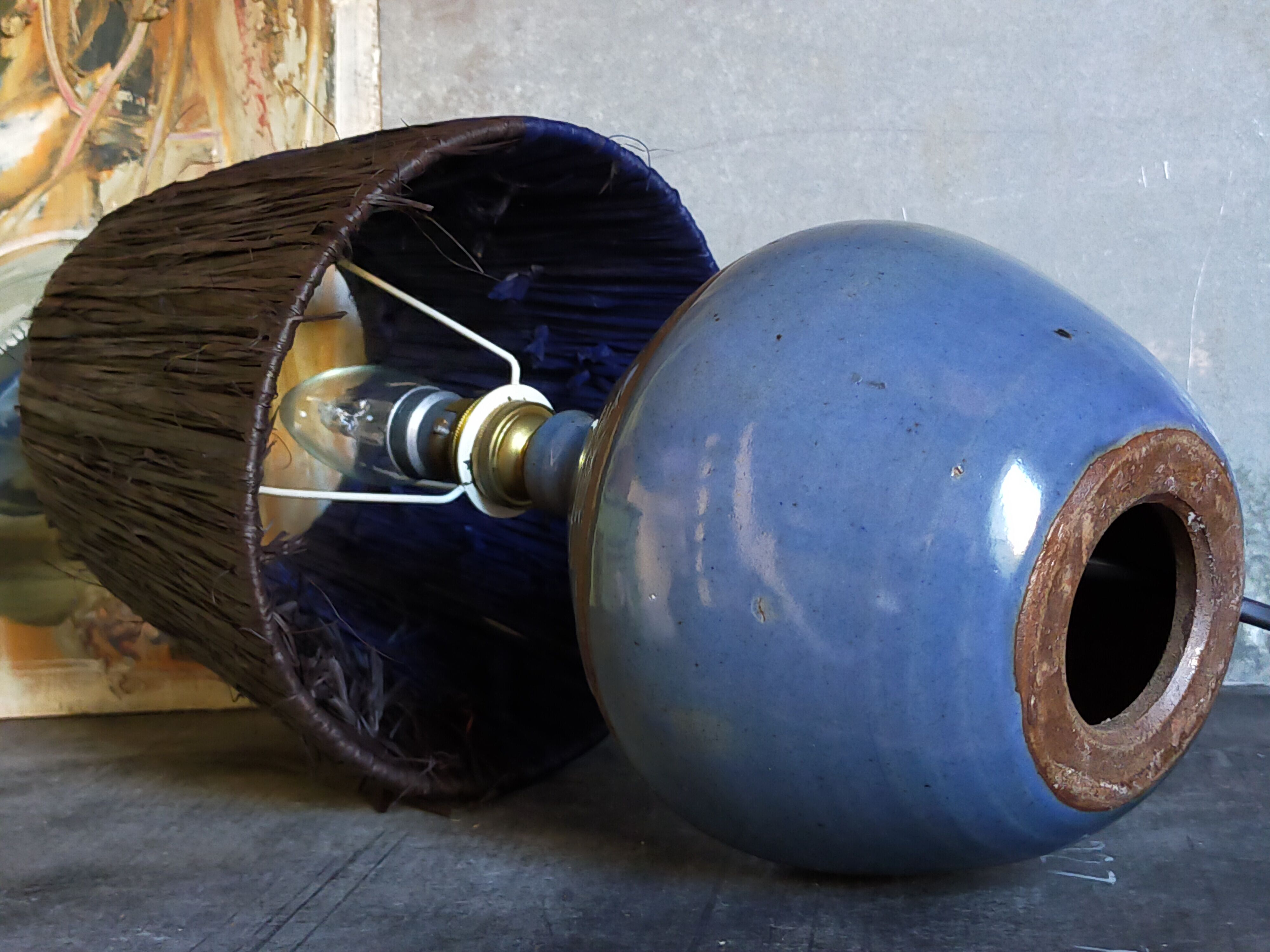 Vintage potter's ceramic table lamp, raffia lampshade