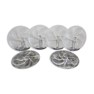6 Oyster plates and its 6 embossed glass forks, 1970s