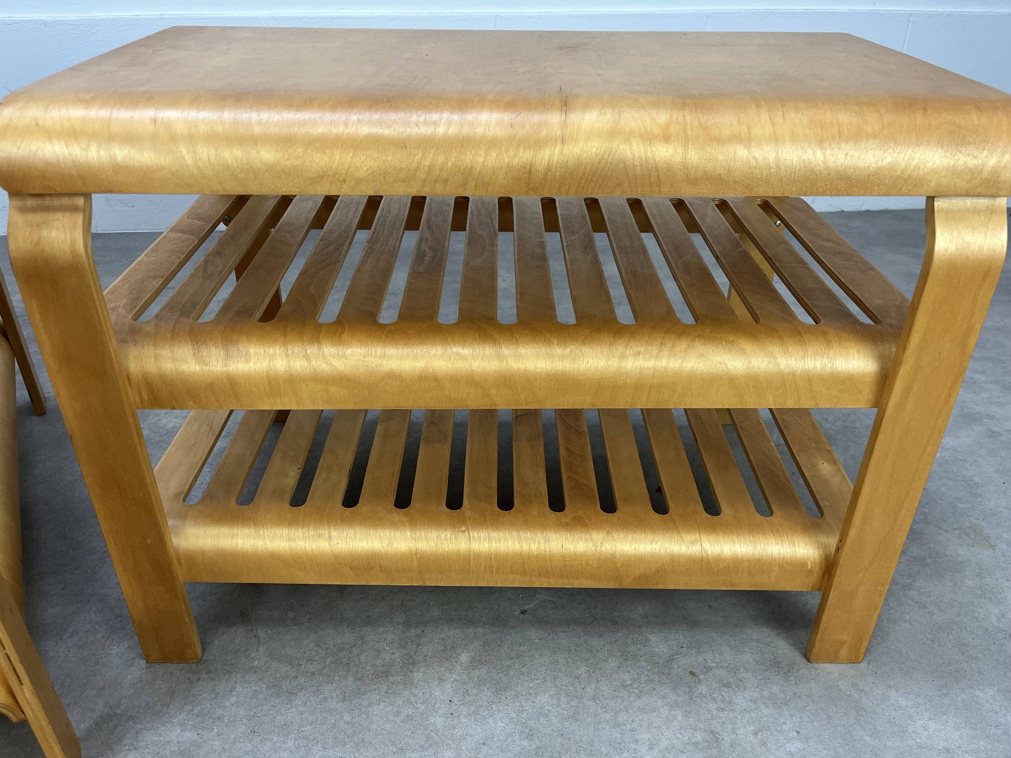 Pair of curved wooden entrance benches 1980