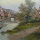 Painting "Landscape with the stork" by Th. Linsyer XIXth