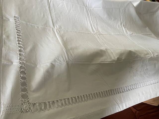 Antique linen-cotton sheet with LR monogram, embroidered
