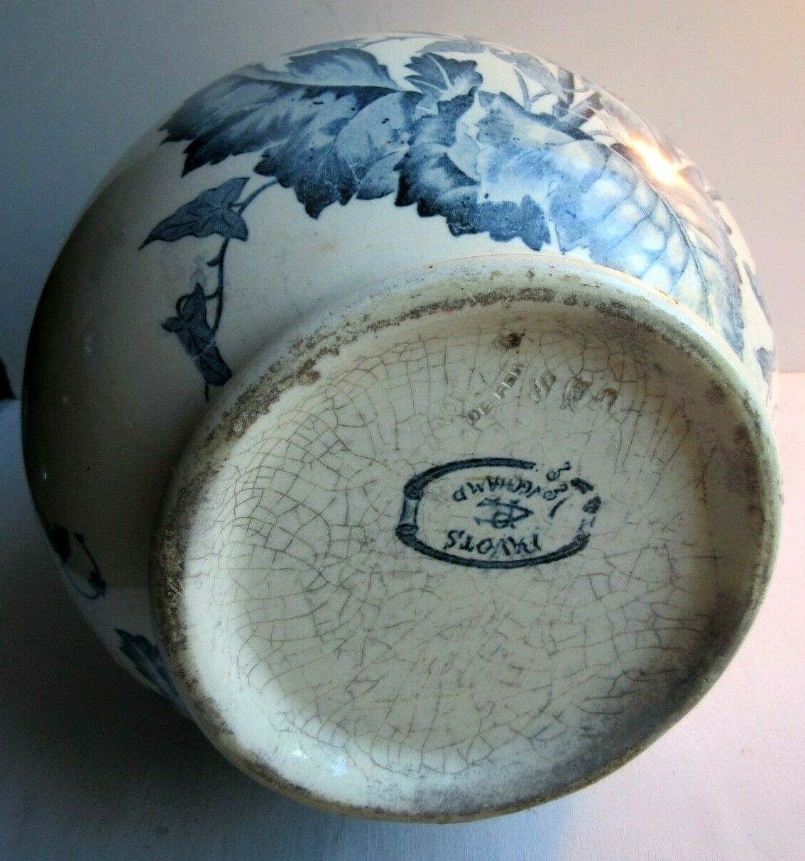 Art Nouveau toilet broc, blue-grey Iris décor, signed Longchamp