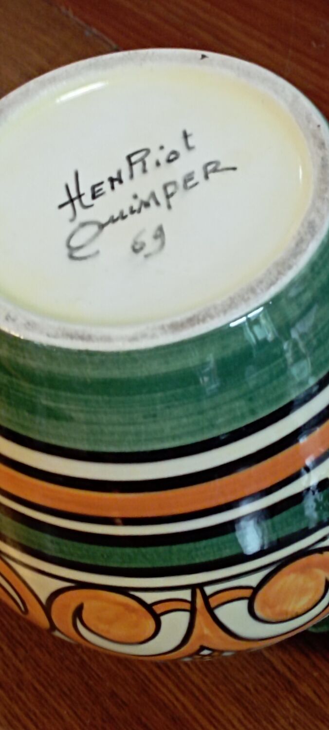 Henriot Quimper ball vase orange green arabesques