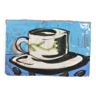 Painted terracotta tile, coffee cup