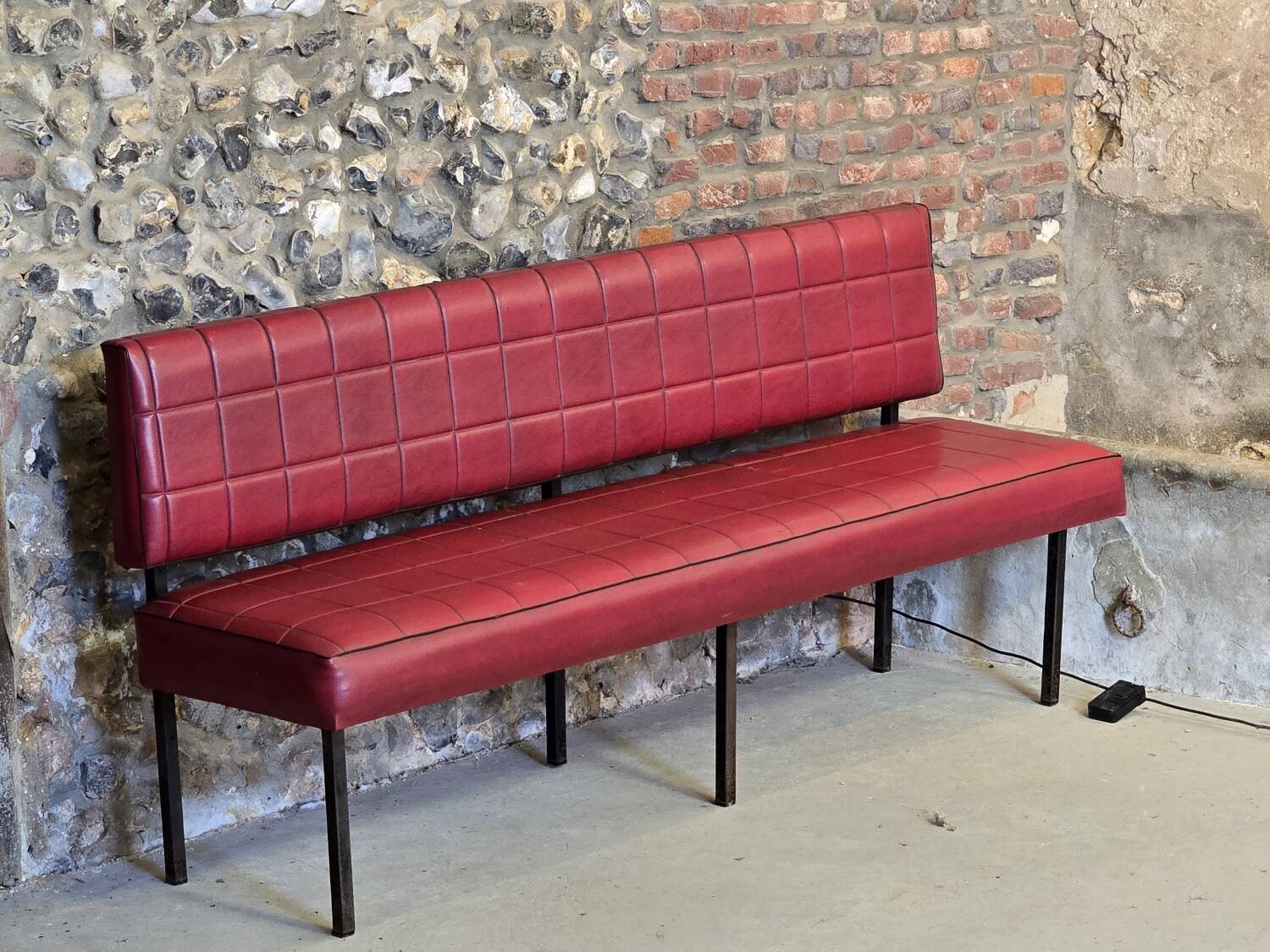 1960s double bistro bench in buttoned burgundy red skai