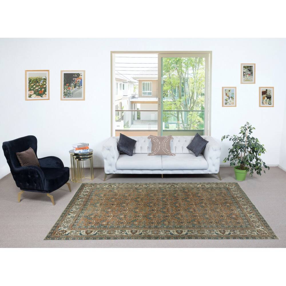 Vintage Handmade Turkish Wool Area Rug with Floral Design