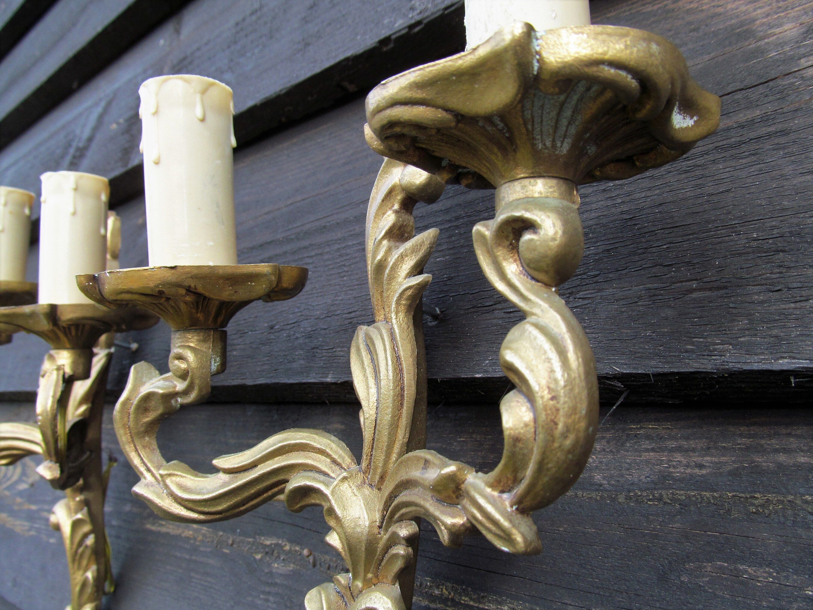 Petite pair of vintage French bronze brass mix 2 arm wall lights sconces revamp rewire