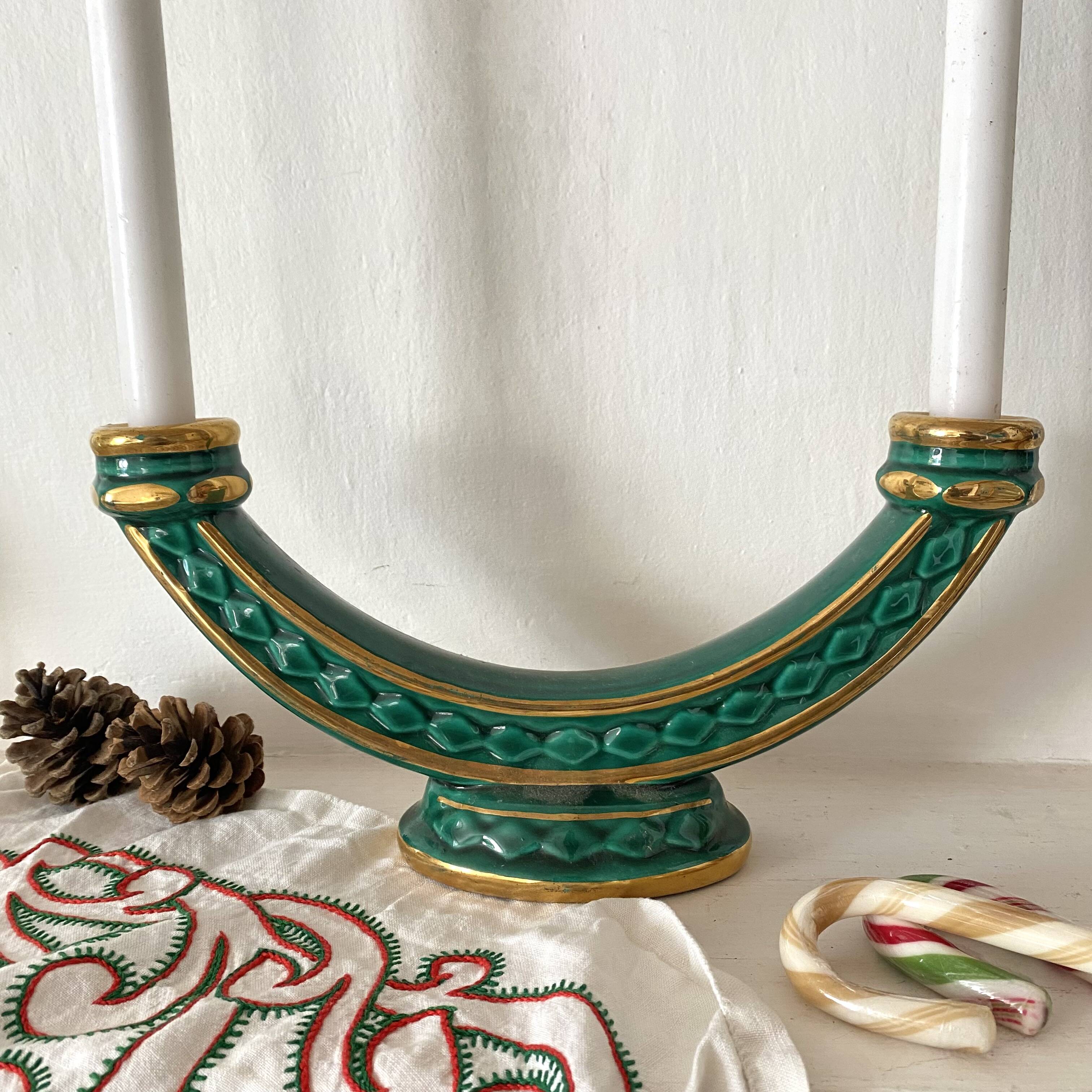 Bougeoir double art déco vert et or