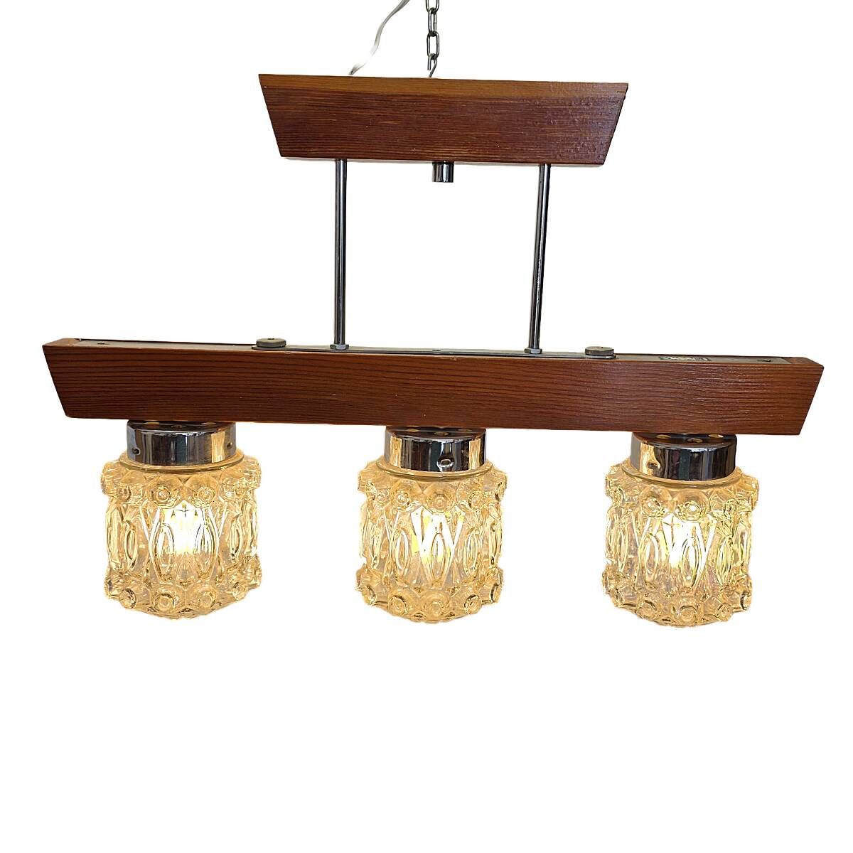 Mid-century pendant lamp with wooden frame and three pressed glass shades,