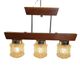 Mid-century pendant lamp with wooden frame and three pressed glass shades,