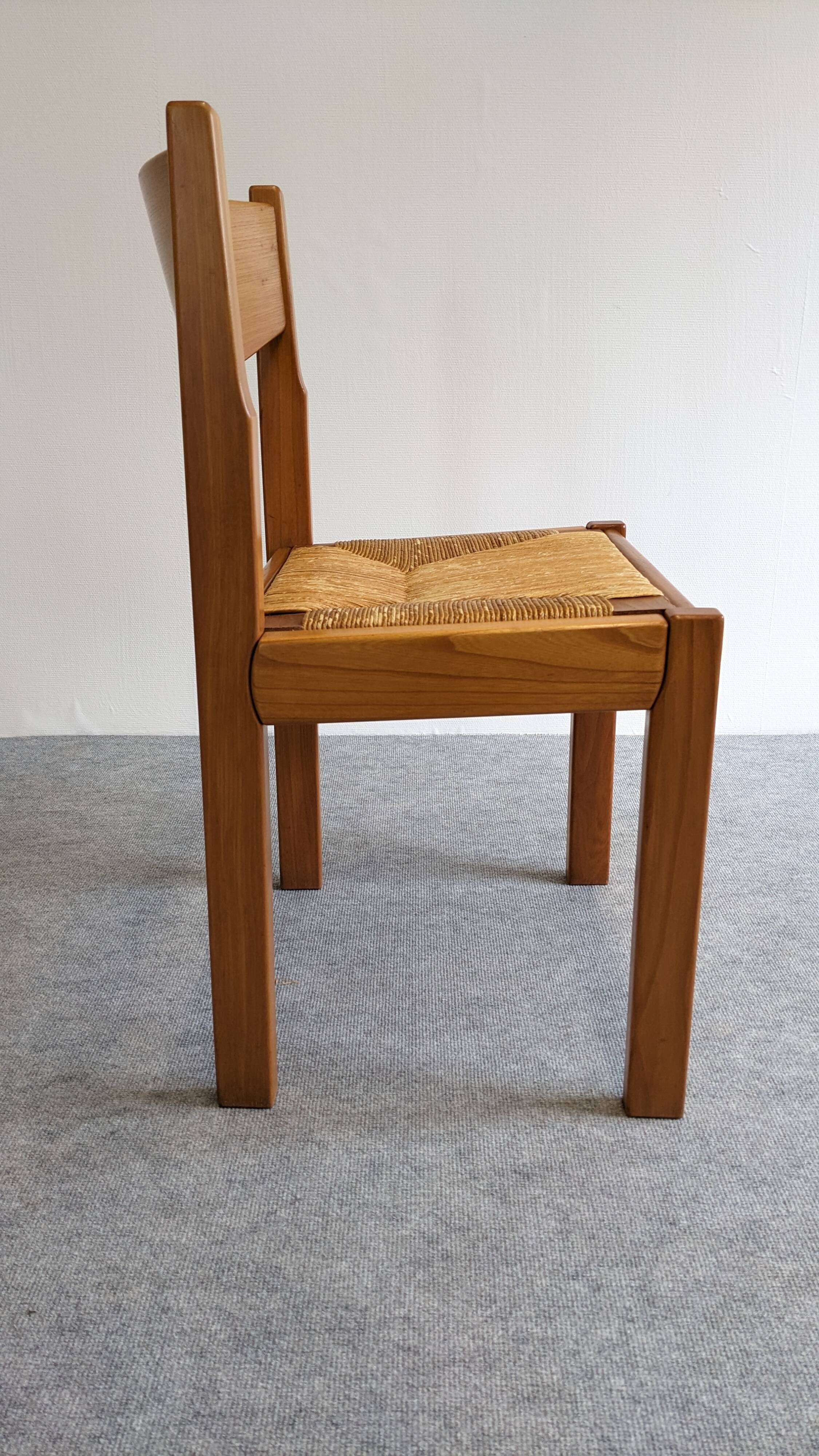 Série de 6 chaises paillées Maison Regain en orme massif, années 70-80