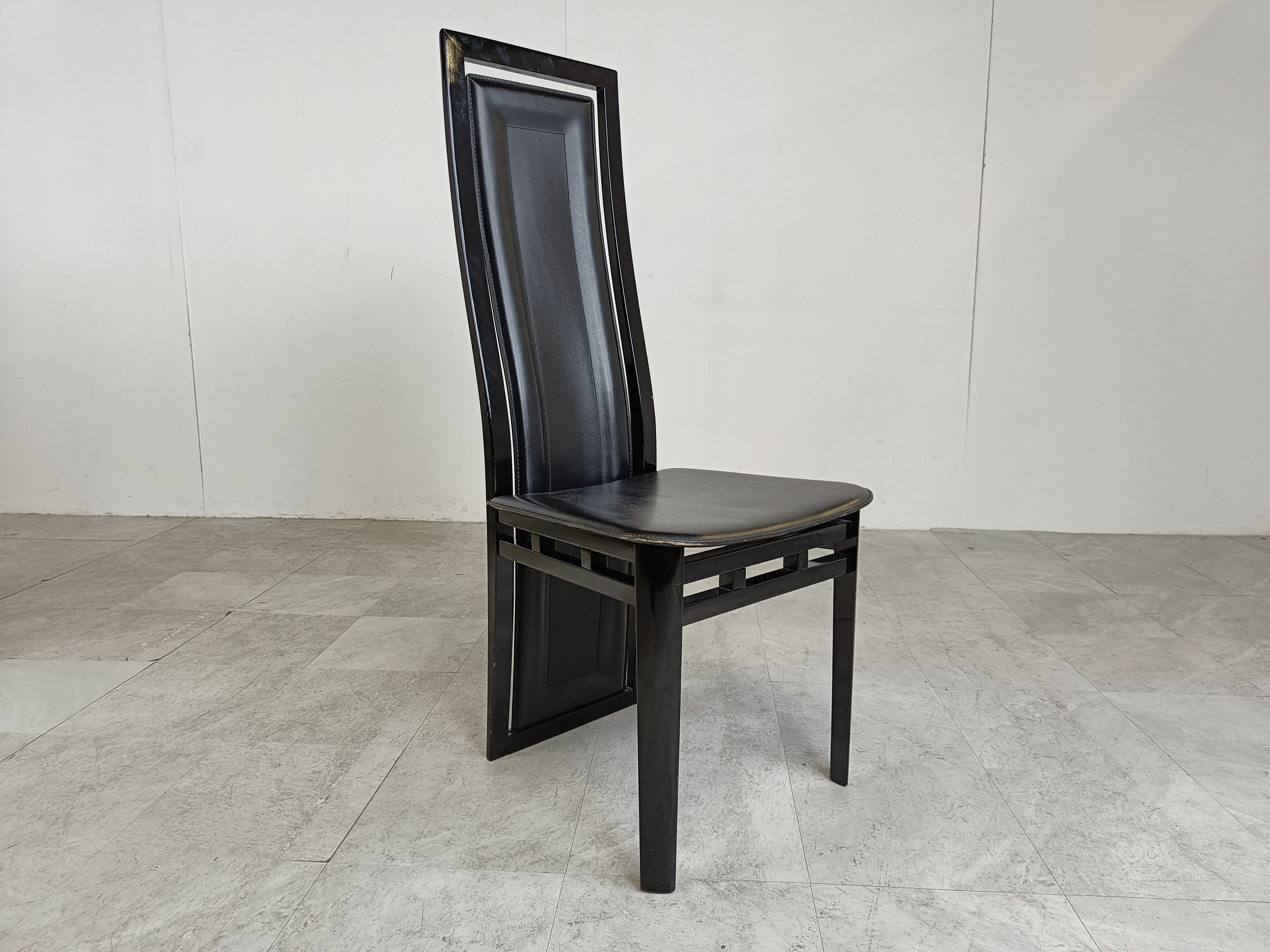 Set of eight Italian Lacquered Wood and Leather Modern Dining Chairs