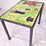 Children's coffee table, 70s with naïve drawing on ceramics, iron frame