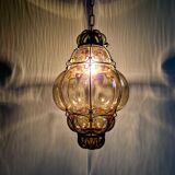 Venetian pendant light in blown glass and wrought metal, mid-20th century
