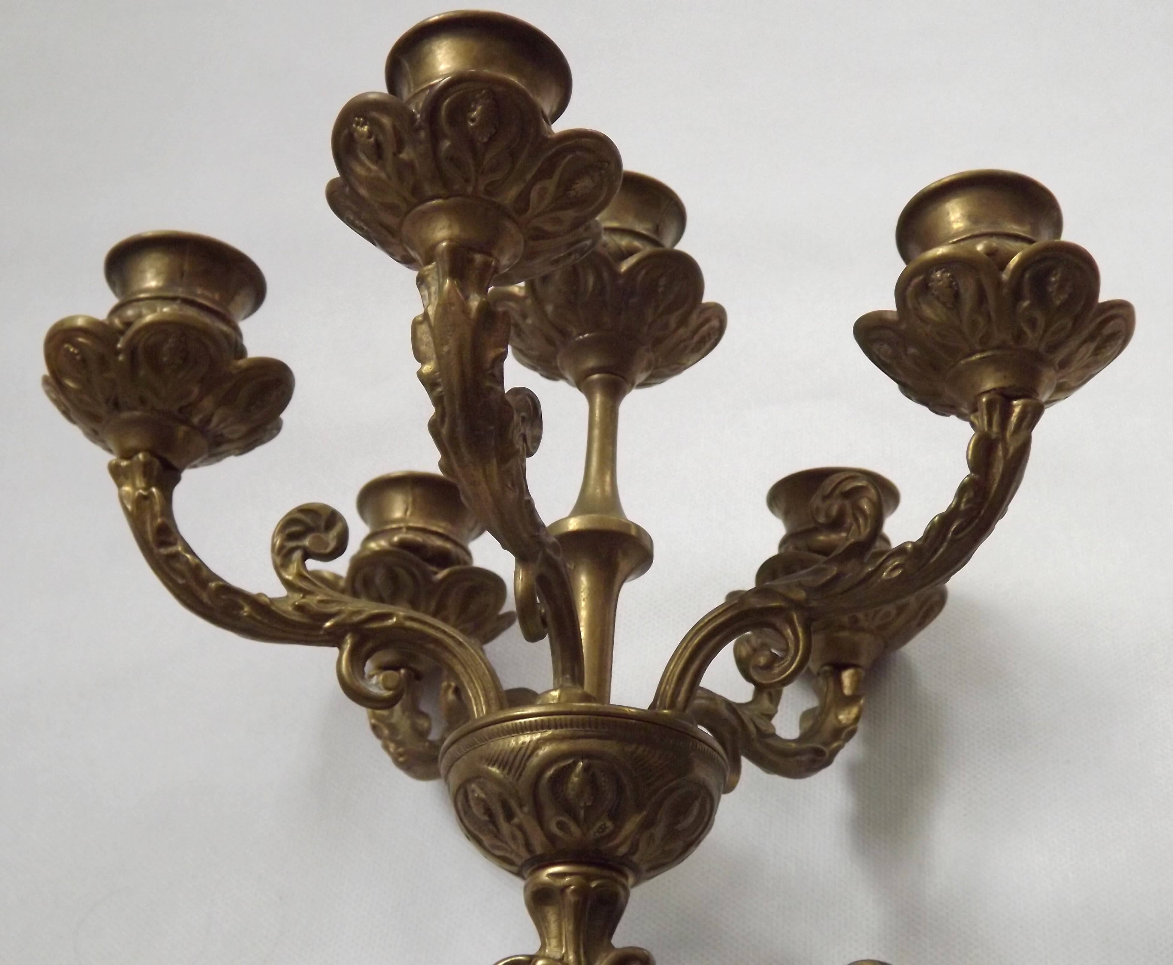 Pair Early 20th Century Rococo Revival Brass 5 Light Candle Wall Sconces
