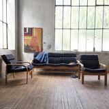 Danish Mathsson sofa + 2 armchairs in curved wood and leather