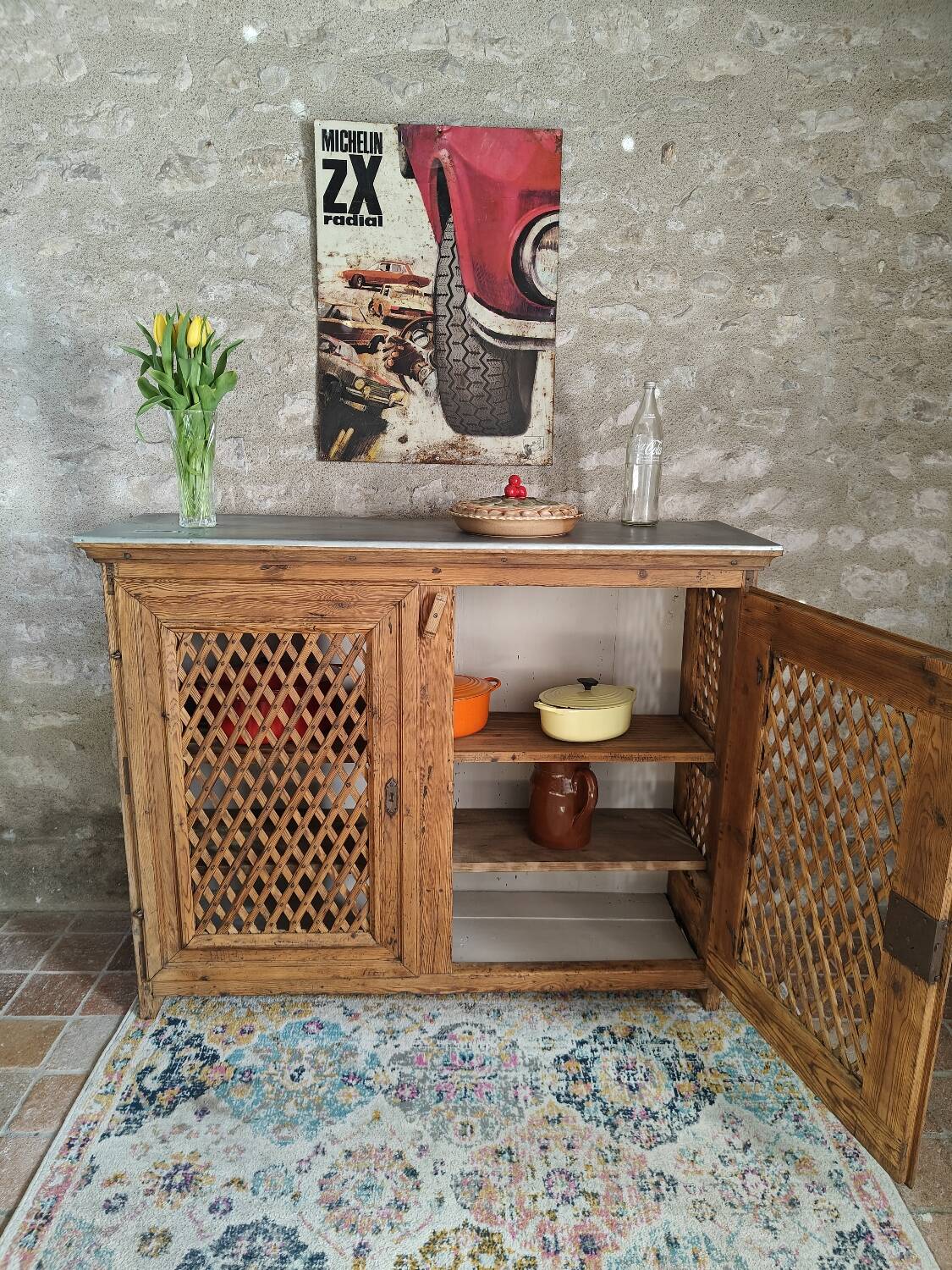 Antique solid pine sideboard with zinc top.