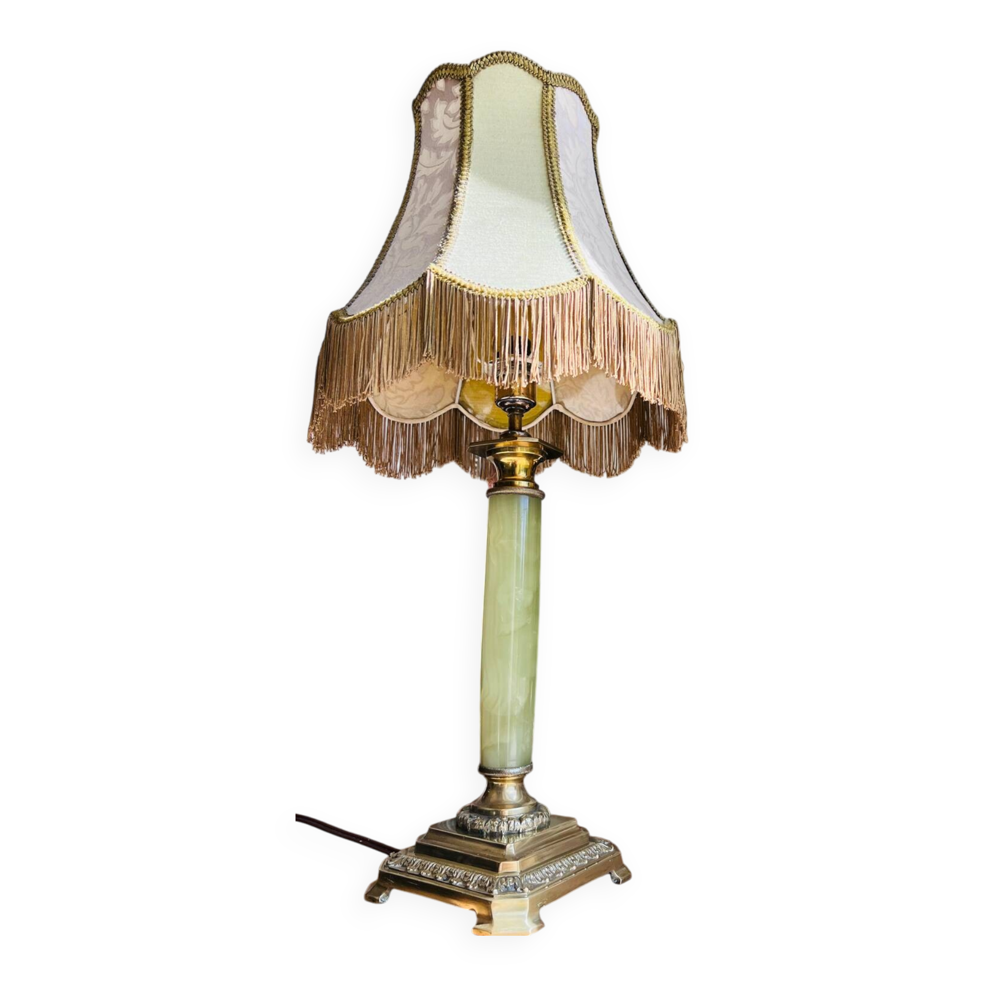 Large vintage lamp in green onyx and gilded brass - vintage lampshade