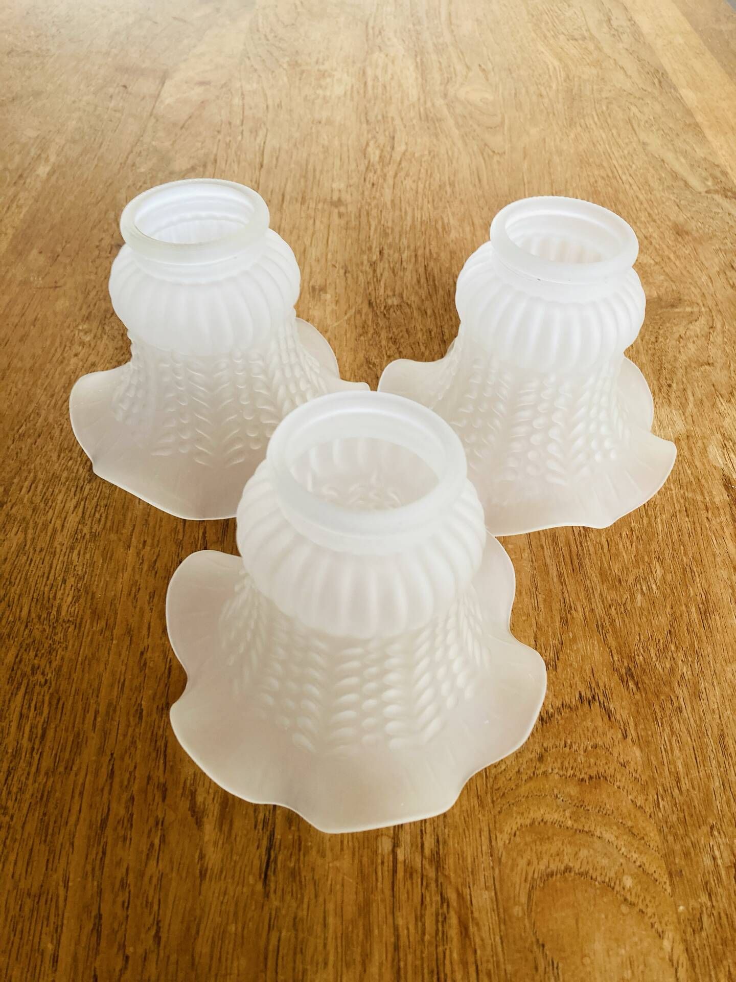 Set of 3 Antique Glass Frosted Shade Tulips - Wheat Ear Pattern