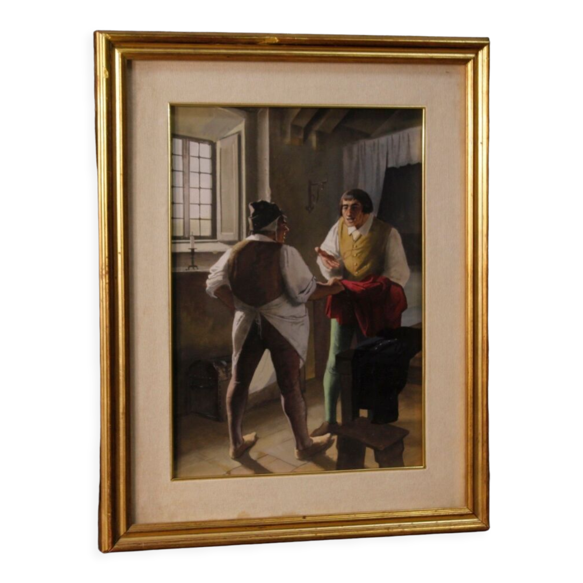 Italian painting interior scene with characters from XXth century