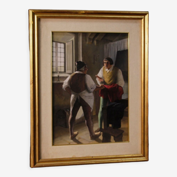 Italian painting interior scene with characters from XXth century