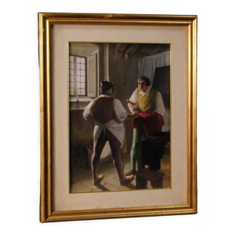 Italian painting interior scene with characters from XXth century