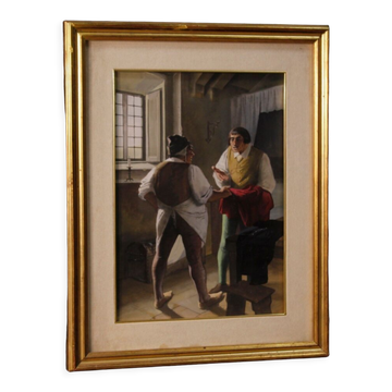 Peinture italienne scène intérieure avec des personnages du XXème siècle