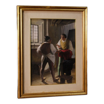 Peinture italienne scène intérieure avec des personnages du XXème siècle