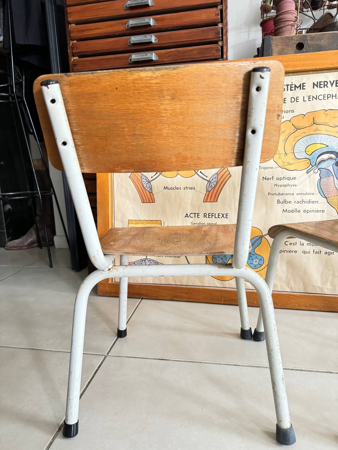 Pair of children's school chairs in wood and metal