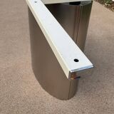 Oval designer dining table in frosted glass and brushed stainless steel