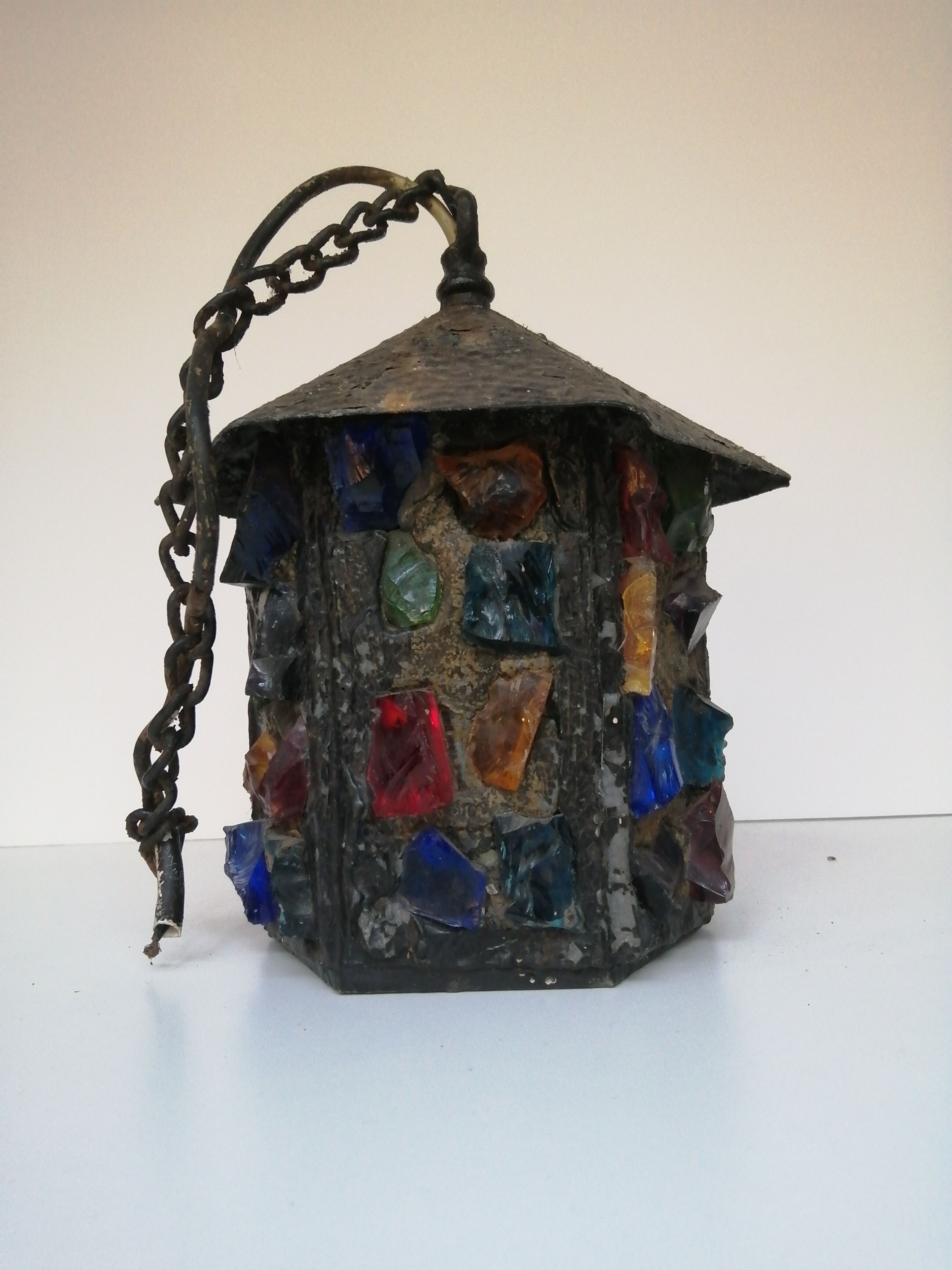 Peter Marsh porch lantern, colored glass, lead and Hammered Sheet metal, 1950s Arts & Crafts