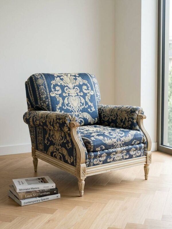 Paire de Fauteuil, de style, Louis XVI, modèle bas, laqué, blanc, tissu bleu décor royal