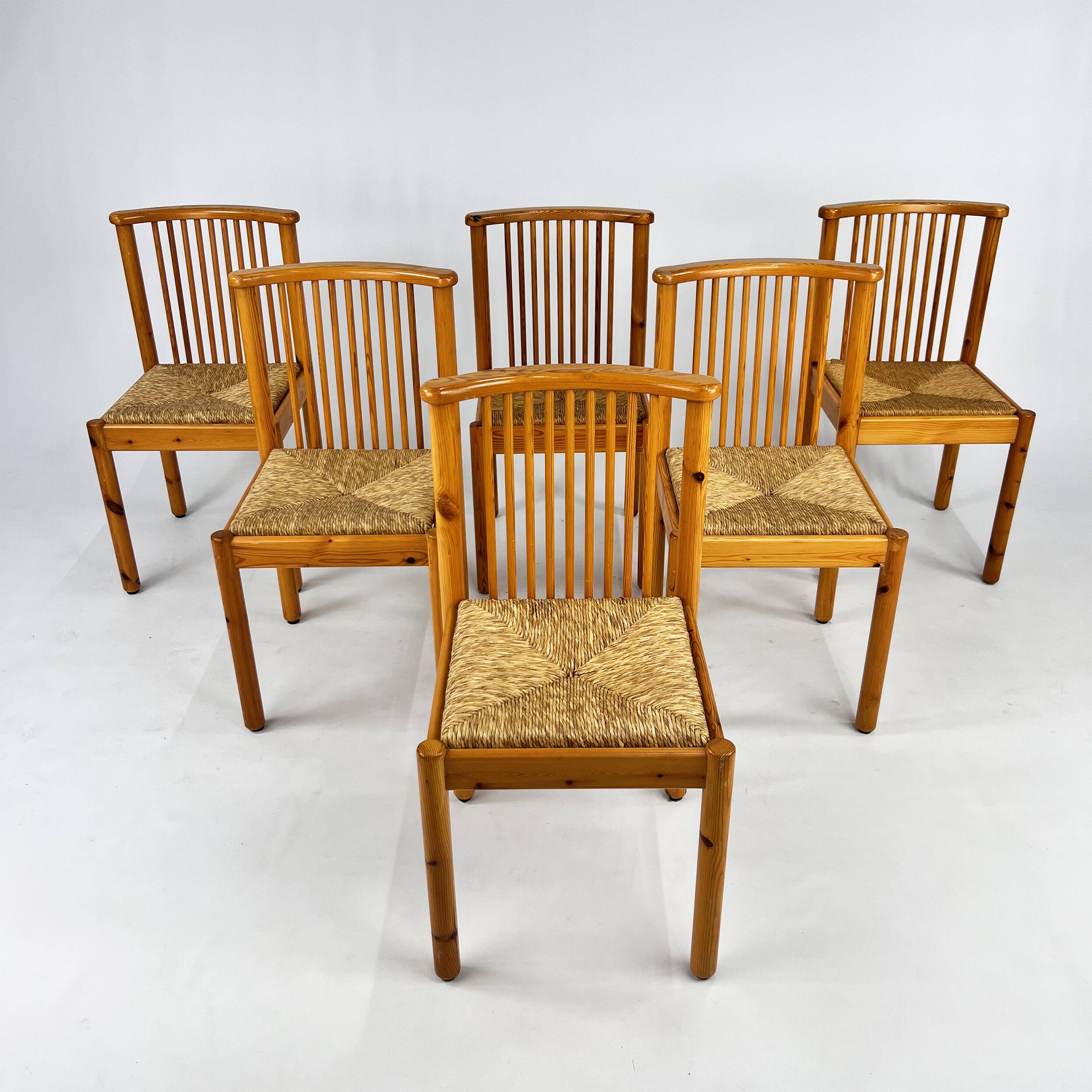 Set of 6 Scandinavian Pine and Rush Dining Chairs, 1970s