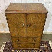 1950s English sideboard with drawers, Art Deco style, in walnut burl.