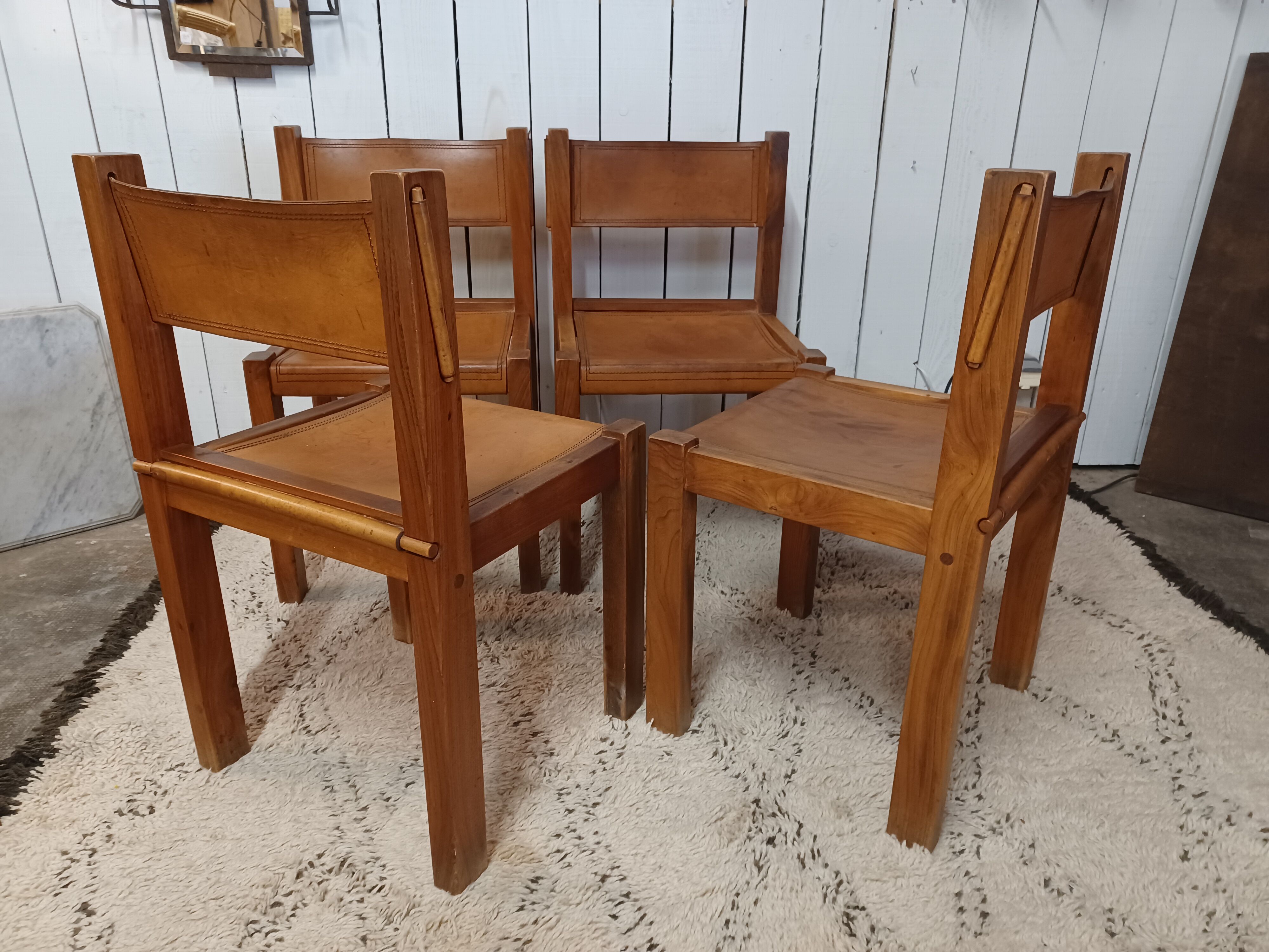 4 elm and leather chairs 1950