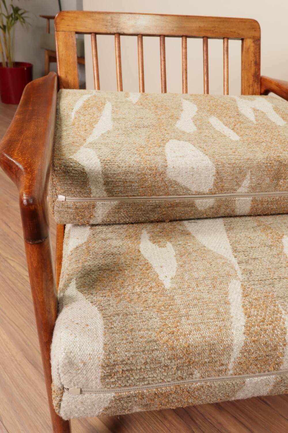 Vintage armchair in safari beige, 1965 mid-century modern design.