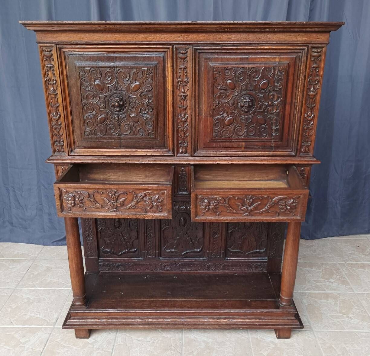 Renaissance oak carved buffet cabinet