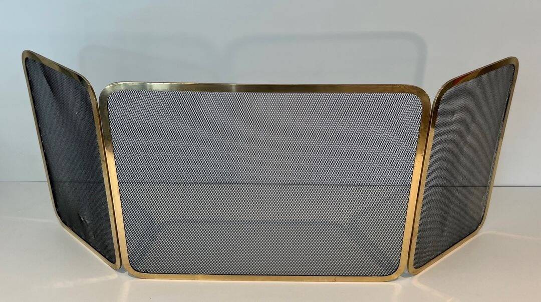Three-Panel Folding Fire Screen in Polished Brass and Steel Mesh