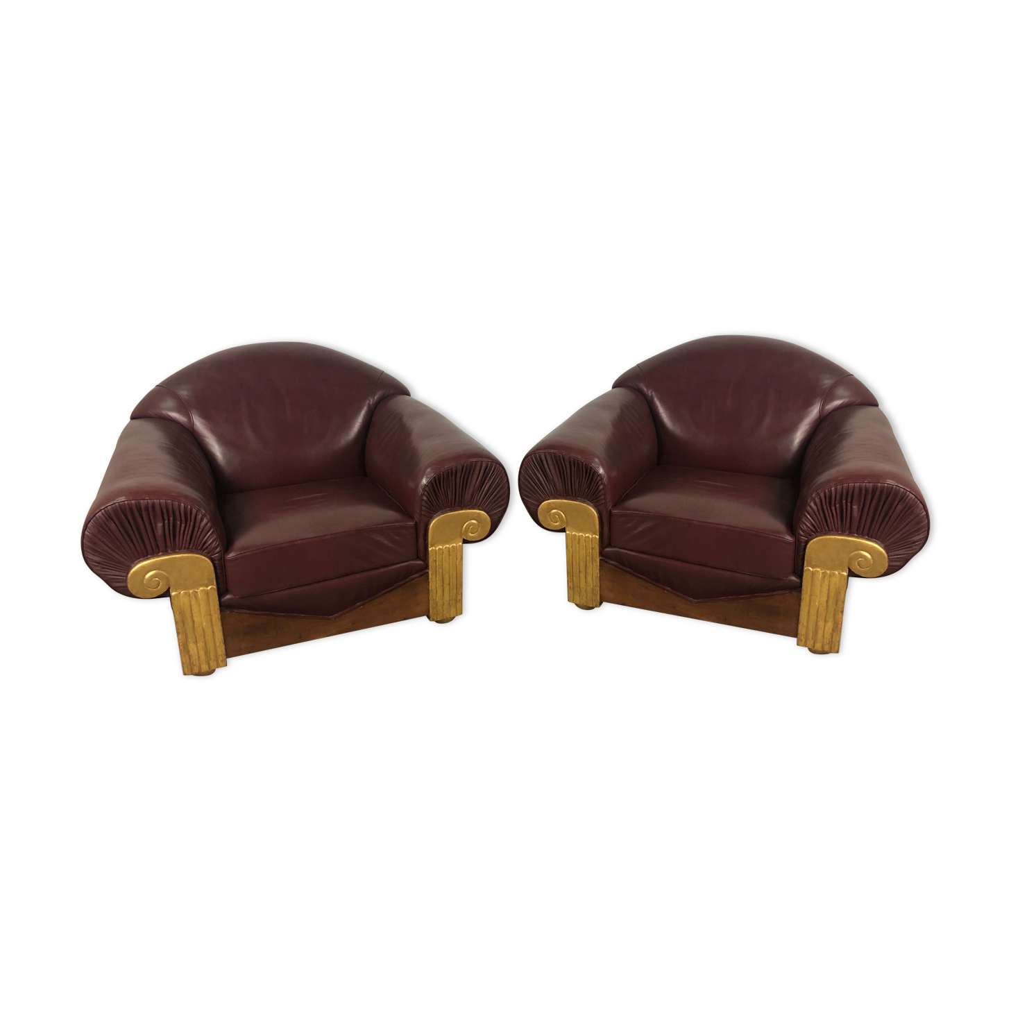 Armchairs (the pair) art deco style in wood and burgundy leather 1940