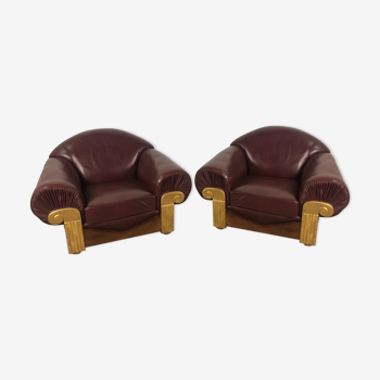 Armchairs (the pair) art deco style in wood and burgundy leather 1940