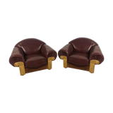 Armchairs (the pair) art deco style in wood and burgundy leather 1940