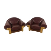 Fauteuils style art déco en bois et cuir bordeaux 1940