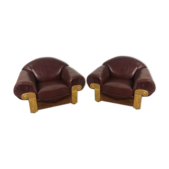 Fauteuils style art déco en bois et cuir bordeaux 1940