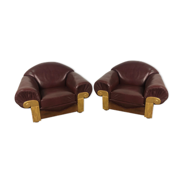 Armchairs (the pair) art deco style in wood and burgundy leather 1940