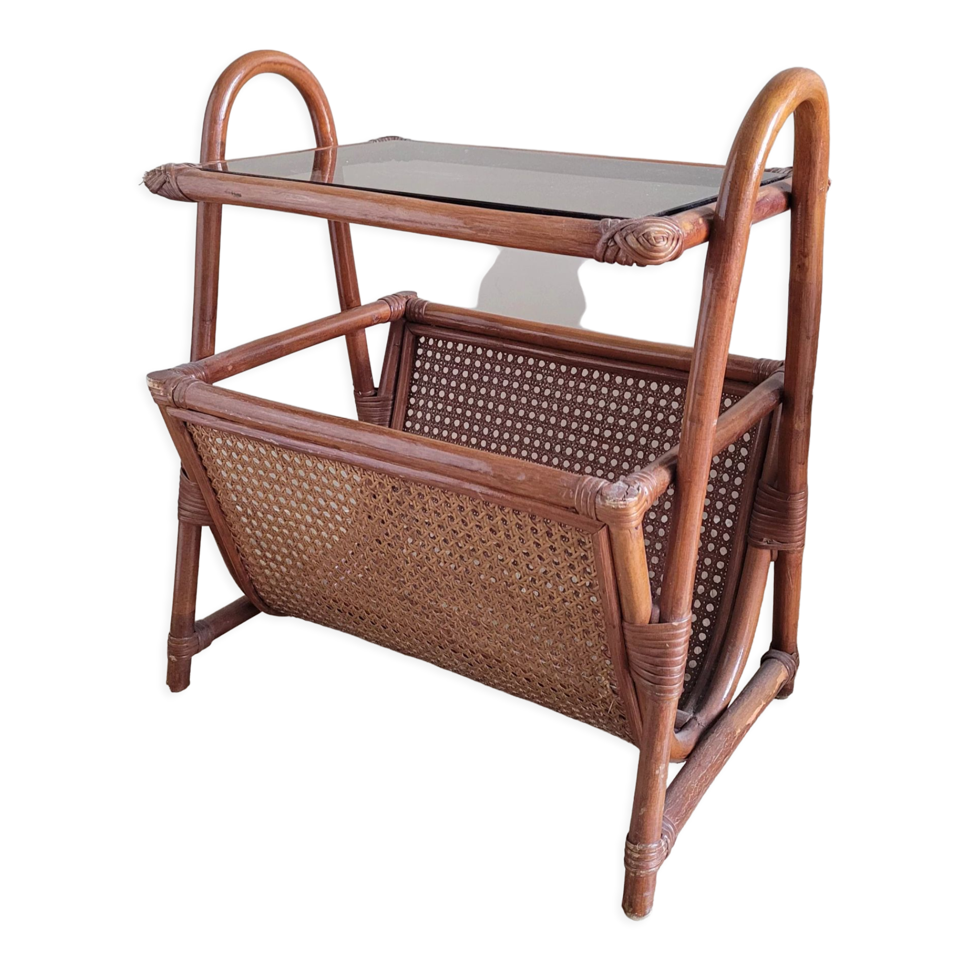 Braided rattan side table and smoked glass