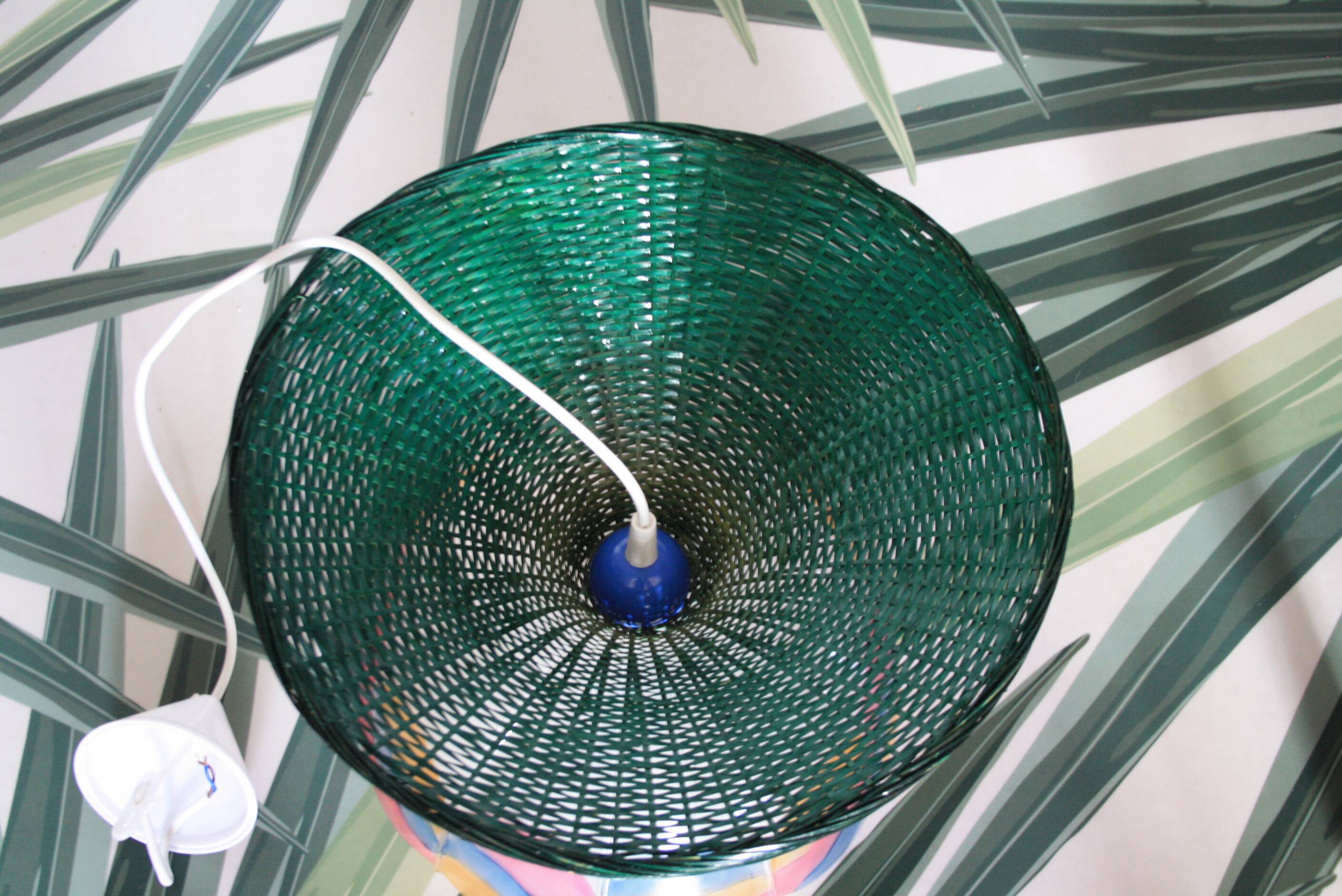 Suspension osier/rotin & verre vintage