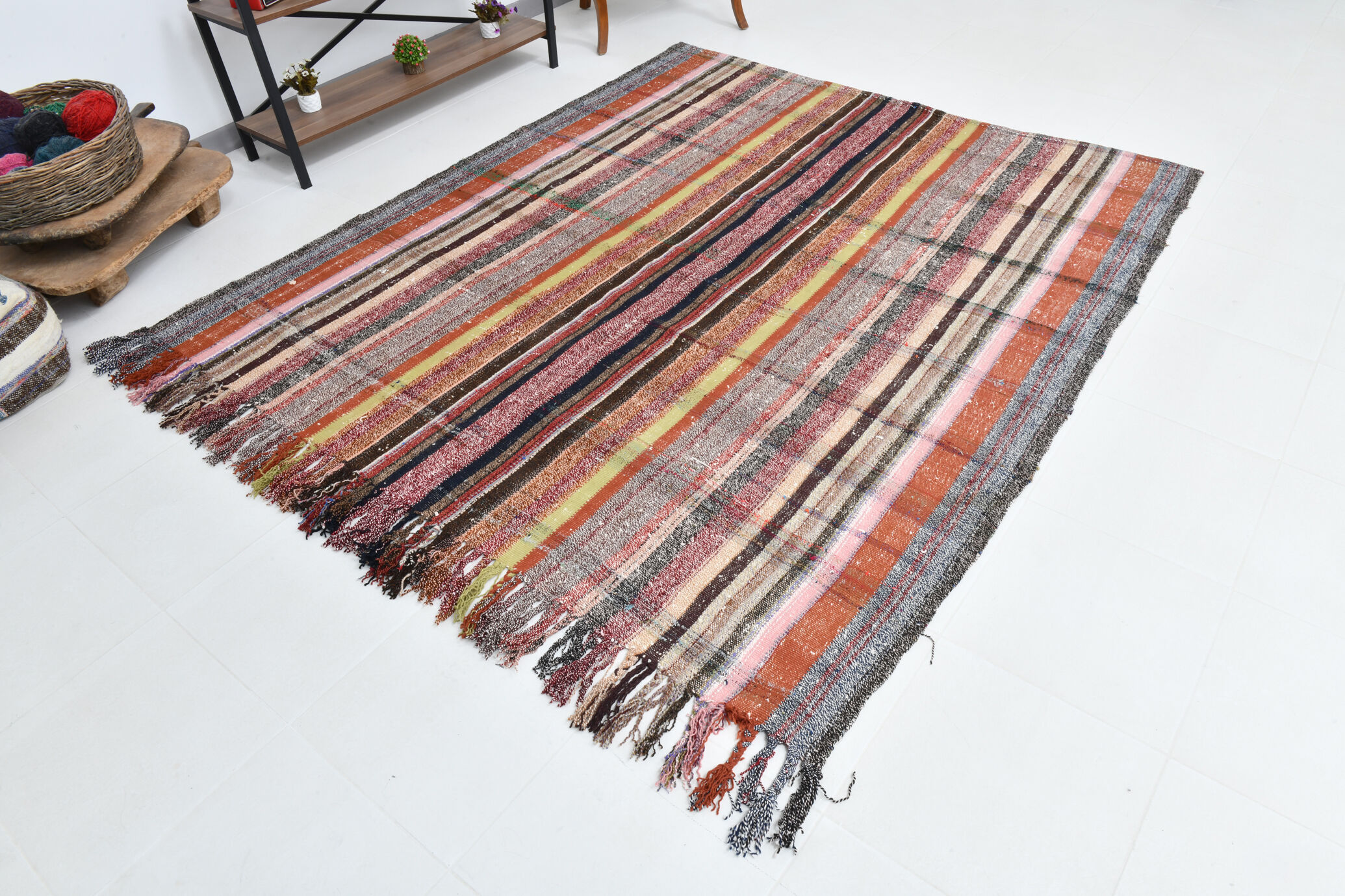 Kilim multicolore rayé moderne 6x7, 203x230Cm