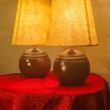 Pair of wooden ball lamps 1960 parchment lampshades electric redone 33x17